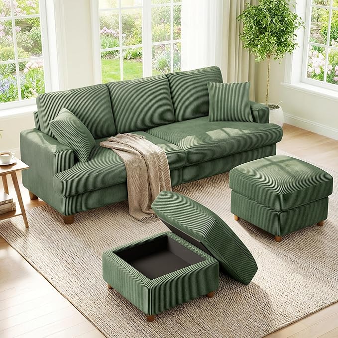 Kidirect 87in U Shaped Couch, Modular Sofa No Tool Assembly, Comfy Sectional Couches for Living Room 21in Deeper Seats, Corduroy Sofas for Living Room with 2 Pillows, Loveseat Sofa Set, Green Couch | Comfy Corduroy, Oversized 87in Couch, 850LB Tough, T...