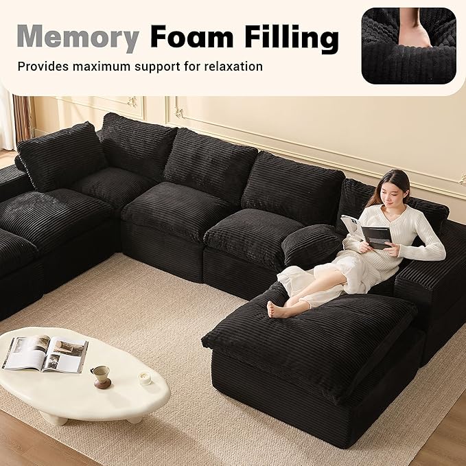137.8” Sectional Couches for Living Room, Set of Cloud Couch, Modular Sectional Sofa, Convertible Sofas Bed, Deep Seat Sofa, Sleeper Sofa Full Size, Corduroy, Black