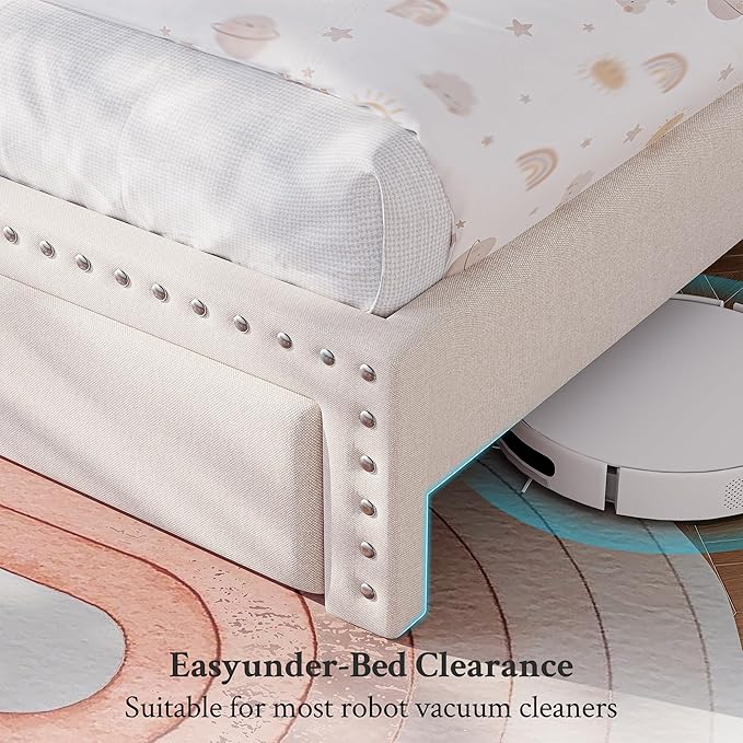EnHomee Twin Bed Frames, Upholstered Twin Bed with Storage Drawer and 2-Tier Headboard, Vertical Tufted Headboard Design, Extra Storage Space for Bedroom Apartment, Beige