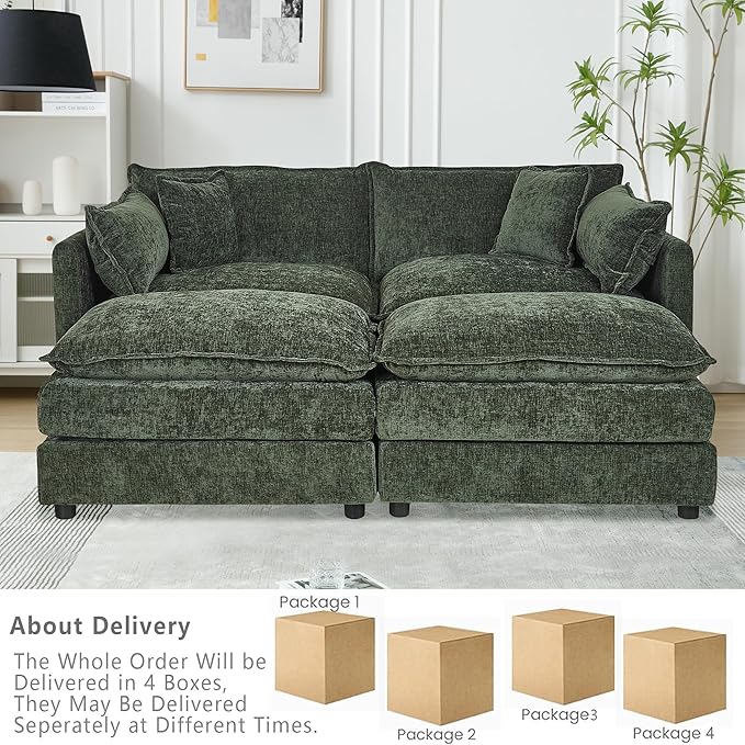 Setawix Deep Loveseat Couch with Ottomans,Large 2 Seater Lounger Cloud Couches for Living Room,77.16" Chenille Cloud Sofas with Deep Seat,Modular Sectional Sleeper Sofa for Bedroom (Green, 2+2)