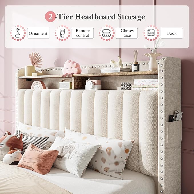 EnHomee Full Size Bed Frame, Upholstered Full Bed Frame with 2 Storage Drawers and 2-Tier Headboard, Vertical Tufted Headboard Design, Extra Storage Space for Bedroom Apartment, Beige