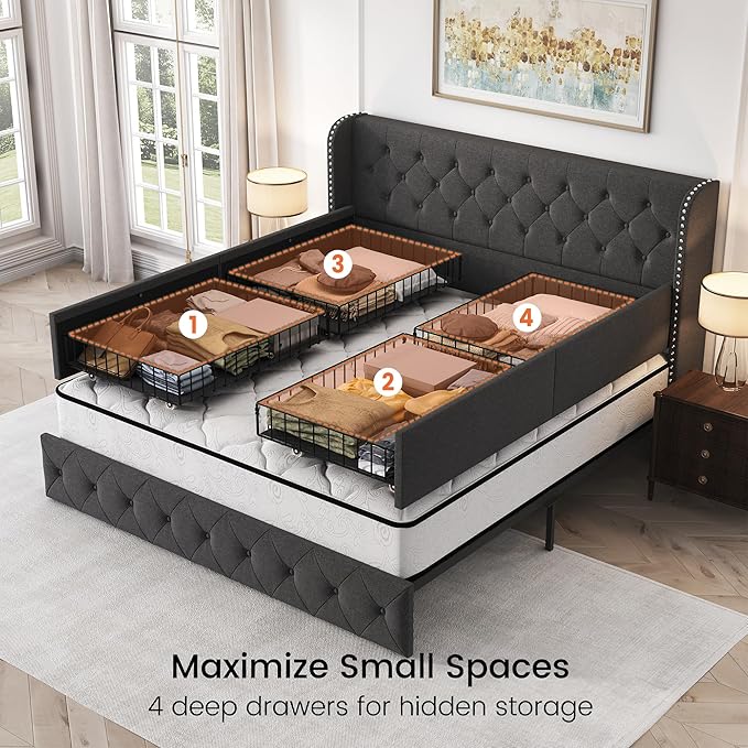 LARMACE King Size Platform Bed Frame with 4 Storage Drawers and 47.2" Tall Tufted Headboard Linen Upholstered Bed Wingback Bed Frame with Wooden Slats Support, Easy Assembly, Dark Grey