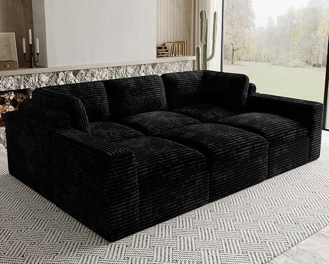 Belffin Boneless Modular Cloud Sectional Sleeper Sofa Bed Plush Corduroy Boneless Sectional Couches for Living Room with Ottoman No Assembly Required. Black Couch
