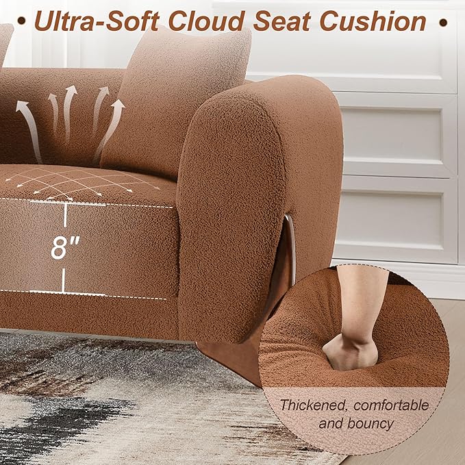 87" Sherpa Boucle Cloud Couch Modern 3 Seater Sofa with Solid Wood Legs, 25" Extra Deep Seat, Comfy Thick Cushion Upholstered Sofa Couches with 3 Pillows for Living Room, Caramel