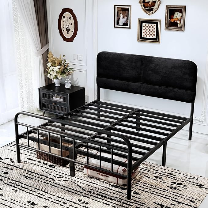 14Inch Metal Bed Frame,Queen Size Bed Frame with Upholstered Headboard,Heavy Duty Sturdy Mattress Foundation,Easy Assembly,No Box Spring Needed,Black-Queen