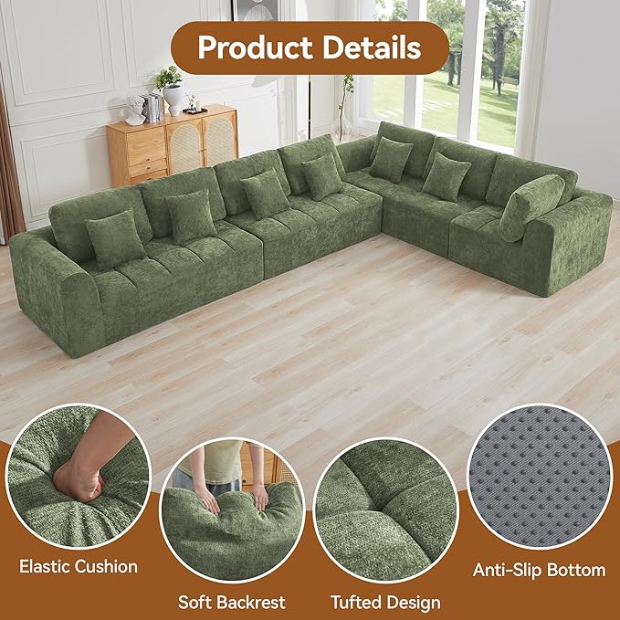 140''Modular Sectional Couches for Living Room, Cloud Boneless Compressed Sectional Sofa, Oversized L Shaped 7 Seater Upholstered Memory Foam Sofa, No Assembly, Chenille Green