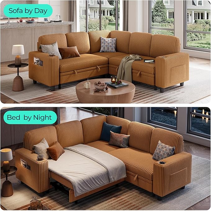 LINSY HOME Sectional Sleeper Sofa with Pull Out Couch Bed - Convertible Plush Corduroy Cloud Couch with Storage Chaise & USB Charging, Comfy L Shaped Modular Couches for Living Room Apartment, Brown
