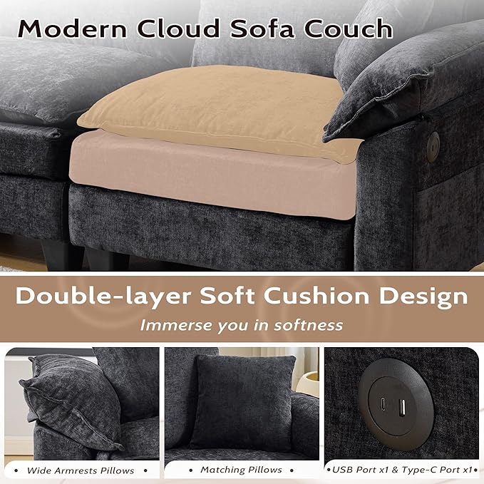 138" Modular Sectional Couch, U Shaped Comfy Cloud Couch with Ottoman and Throw Pillows, Modern Chenille Sofa Sleeper Deep Seat Sofa Couched for Living Room,Apartment(Grey)