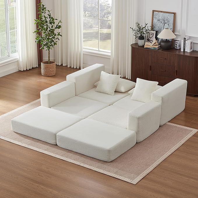 Modular Loveseat L Shaped Sofa,Boneless Cloud Couch with Ottoman (Beige White) | Freely Combination, No Assemble Required, Modular Design, Breathable Fabric, Convertible to Bed, Futon Bed