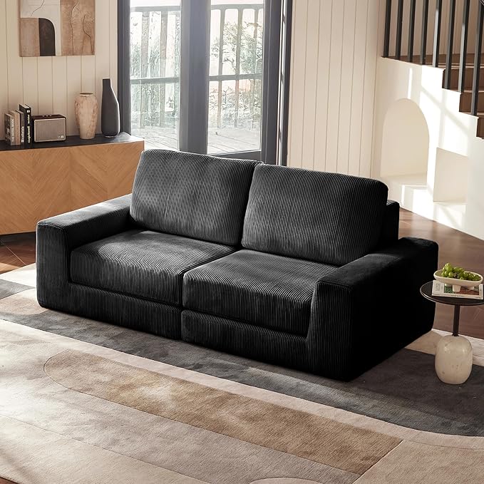 Modular Sectional Sofa, 80.31" Modern Cloud Couch Sectional Sofa with L-Shaped Chaise Comfy Corduroy Fluffy Couch with Deep Seat Boneless Couches for Living Room Bedroom, Black
