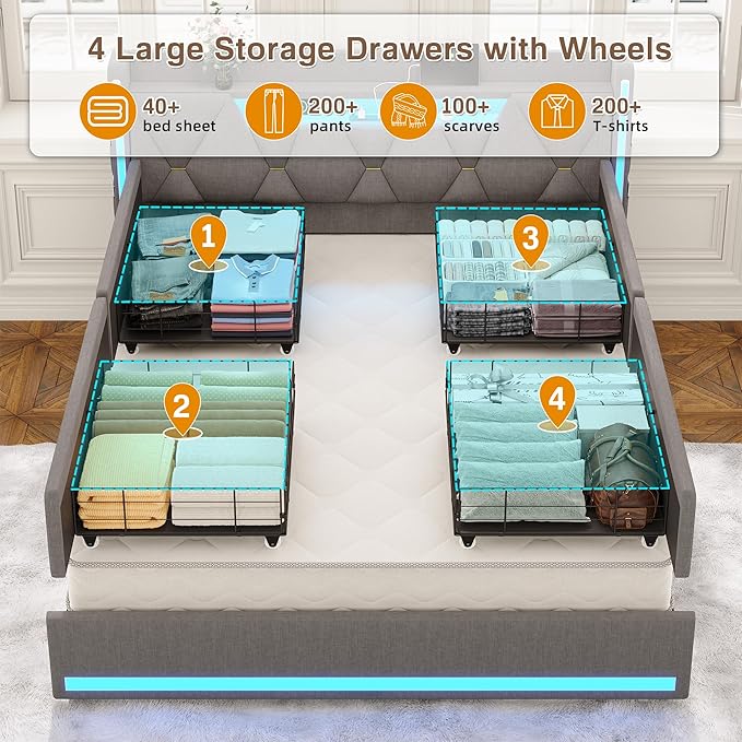 busyaeh Queen Size Bed Frame with 4 Drawers,Light up Bed Frame with Headboard and Storage, Metal Queen Platform Storage Queen Bed with Charging Station, No Box Springs Needed, Easy Assembly,Dark Gray