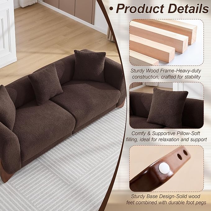 87" Sherpa Boucle Cloud Couch Modern 3 Seater Sofa with Solid Wood Legs, 25" Extra Deep Seat, Comfy Thick Cushion Upholstered Sofa Couches with 3 Pillows for Living Room, Brown