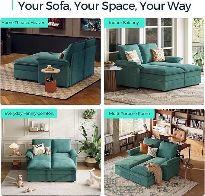 LINSY HOME Modular Sofa Chaise Lounge, 65" Cloud Sofa Bed Lounge with Armrests, Chenille Sleeper Sofa for Living Room, Apartment, Home Theater, Green