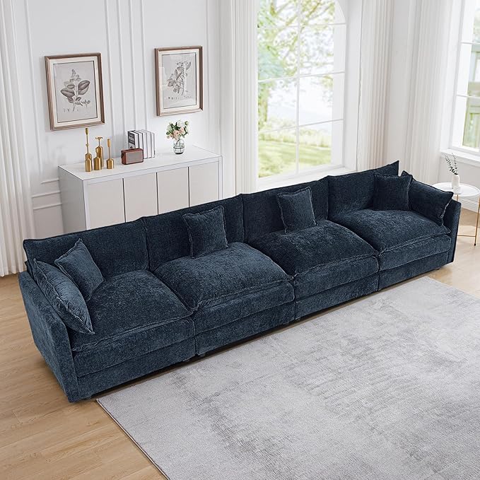 Setawix Chenille Cloud Couches for Living Room,4 Seater Cloud Sofa Couch with Deep Seat,147.22" Roomy Cloud Sofas,Modular Sectional 4 Seat Sofa with Pillows for Bedroom (Blue, 4 Seater)