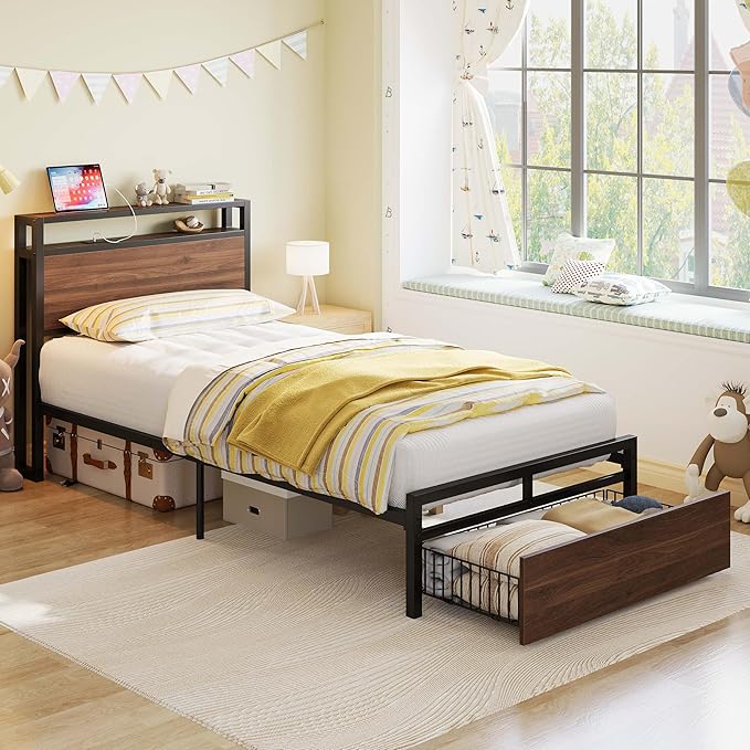LIKIMIO Twin Bed Frames with Drawer, Storage Headboard with Outlets, No Box Spring Needed, Easy Assembly, Walnut