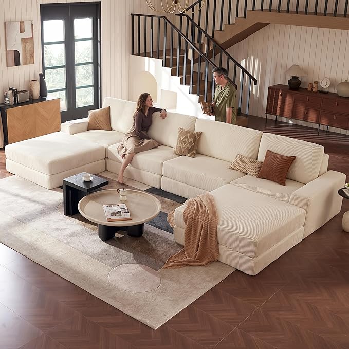 Modular Sectional Boneless Sofa, 160.63" Oversized Modern Cloud Couch Sectional Sofa with U-Shaped Chaise Comfy Corduroy Fluffy Couch with Deep Seat Couches for Living Room Bedroom, White