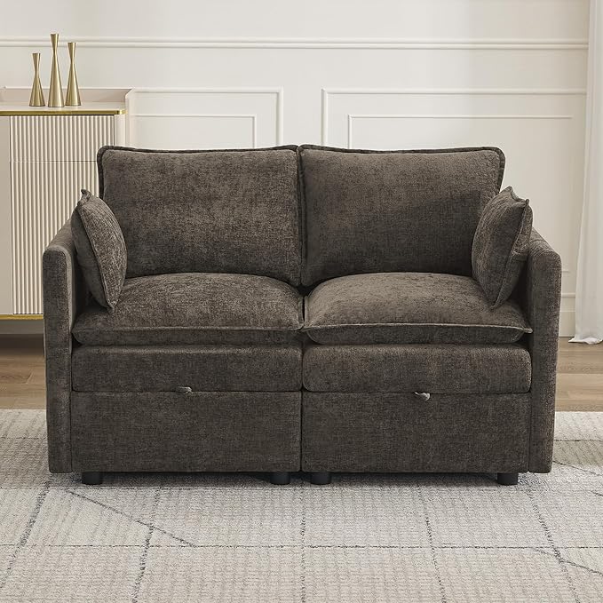 55" Cloud Modular Loveseat Sofa with Storage, Modern Upholstered Sofa Couch Small Love Seat，2 Seater Chenille Comfy Sectional Sofa with Armrests for Living Room, Small Space, Brown | Loveseat Sofa, Upholstered Couch, Small LoveSeat, Sectional Sofa, Sofa