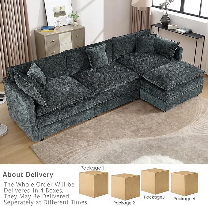 Setawix Deep 3 Seater Couch with Ottoman,112.2" L-Shaped Cloud Couches for Living Room,Chenille Cloud Sofa Couch with Deep Seat,Modular Sectional L Shape 3 Seat Sofa for Bedroom. (Grey, 3+1)