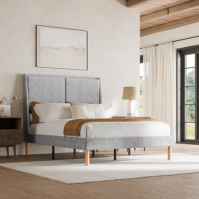 Cozy Castle Full Upholstered Platform Bed Frame with 51.2" Tall Wingback Headboard, Double Backrest Metal Bed Frame, No Box Spring Needed, Easy Assembly, Bedroom Furniture, Grey