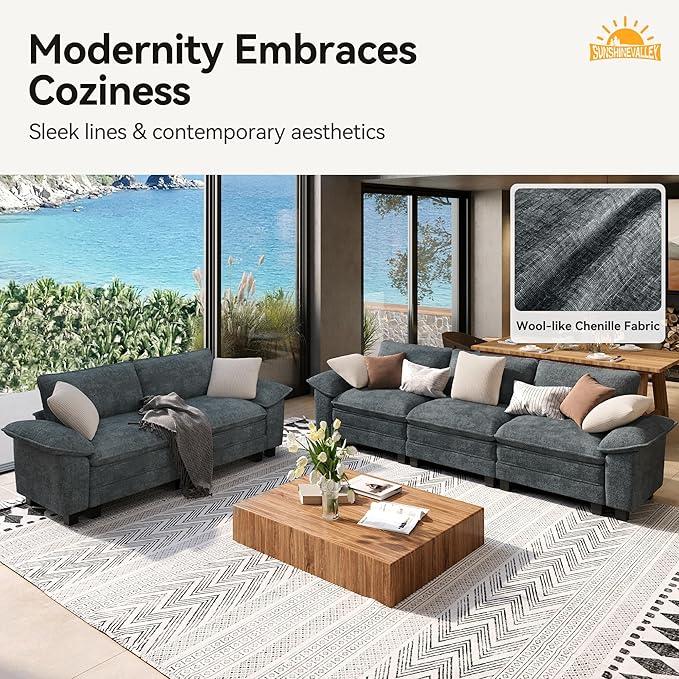 3 Piece Living Room Sofa Furniture Set, Chenille Modular Loveseat, Cloud Chair, and 3-Seat Couch with Pillow, Oversized 6-Seat Modern Sectional Deep Sofa for Apartment, Cyan