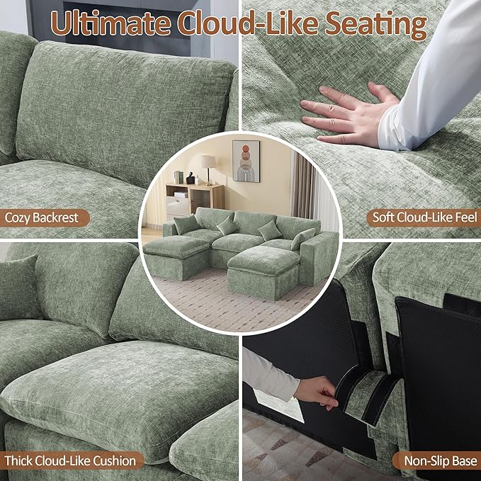 115'' Cloud Boneless Sectional Couch, Modular Sectional Sofa Deep Seat with 2 Ottomans, Oversized Upholstered Convertible Comfy 5 Seater Chenille Sofa U Shape Couches for Living Room, Green
