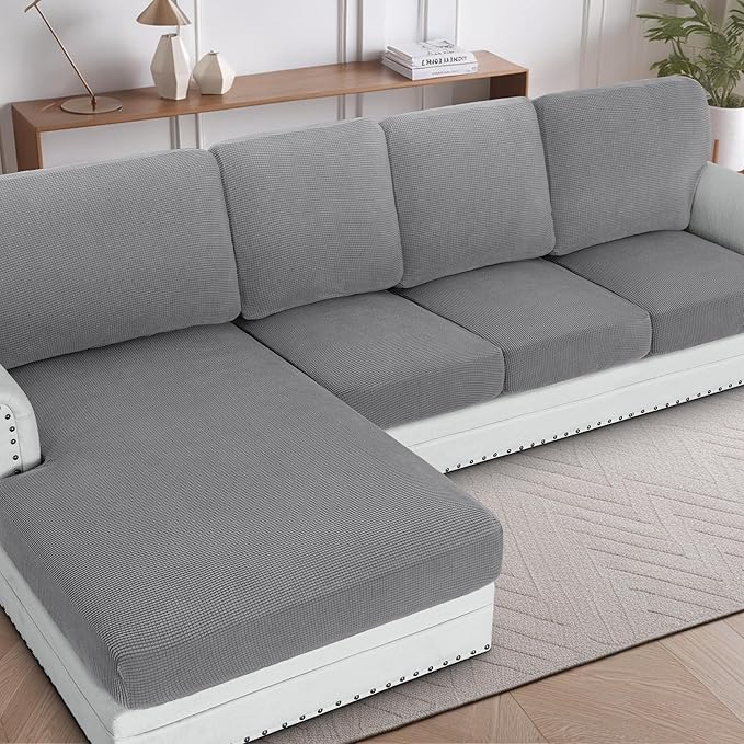 H.VERSAILTEX 2025 New Sectional Couch Covers 8 Pieces Stretch Sofa Covers for Sectional Sofa Set Separate L Shaped Couch Cover for Both Left/Right Couch (Seat and Back: 1 Chaise + 3 Sofa, Dove)