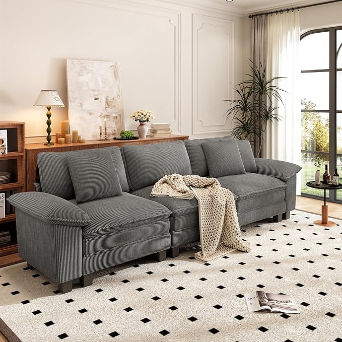 PHI VILLA Modular Couches Sets, 123.6" Cloud Sectional Sofa with Upholstered Deep Seat, 3-Seater Couch for Living Room Apartment, Corduroy Fabric, Grey