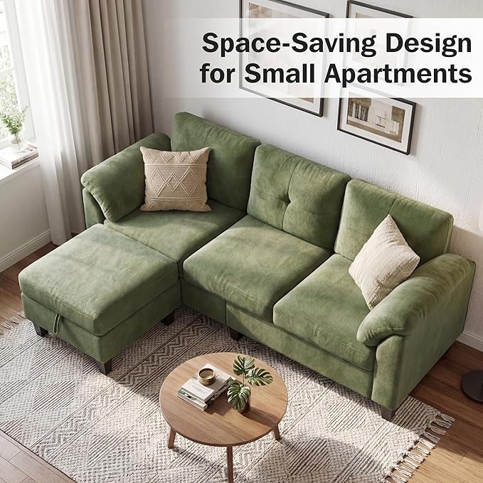 WEUP 79" Convertible Sectional Couch with Storage Ottoman, L Shaped Small Sofa, 4 Seat Couches for Living Room, Apartment, Small Space, Green
