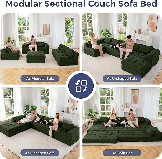 MAXYOYO Modular Sectional Sofa Couch, Foldable U Shaped Cloud Couch with Pillows, Tufted 7-Seat Boneless Sleeper Lounger Floor Sofa Bed for Living Room, No Assembly Required, Dark Green