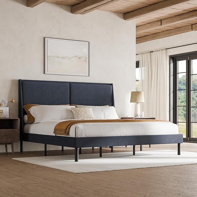 Cozy Castle King Size Upholstered Platform Bed Frame with 51.2" Tall Wingback Headboard, Double Backrest Metal Bed Frame, No Box Spring Needed, Easy Assembly, Bedroom Furniture, Navy Blue