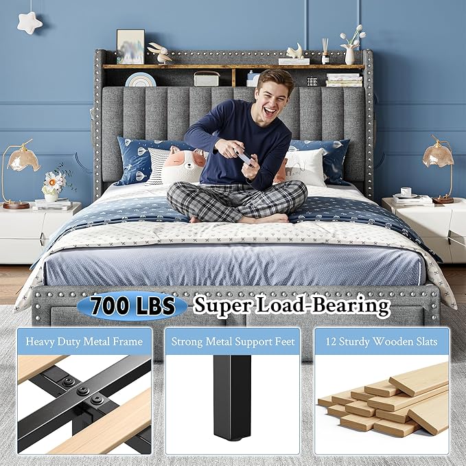 EnHomee Full Size Bed Frame, Upholstered Full Bed Frame with 2 Storage Drawers and 2-Tier Headboard, Vertical Tufted Headboard Design, Extra Storage Space for Bedroom Apartment, Grey