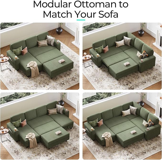 LINSY HOME Sectional Sleeper Sofa with Pull Out Couch Bed for Living Room (Green) | Plush Corduroy, Storage Ottoman, Storage Chaise, Pull Out Couch, USB Charging