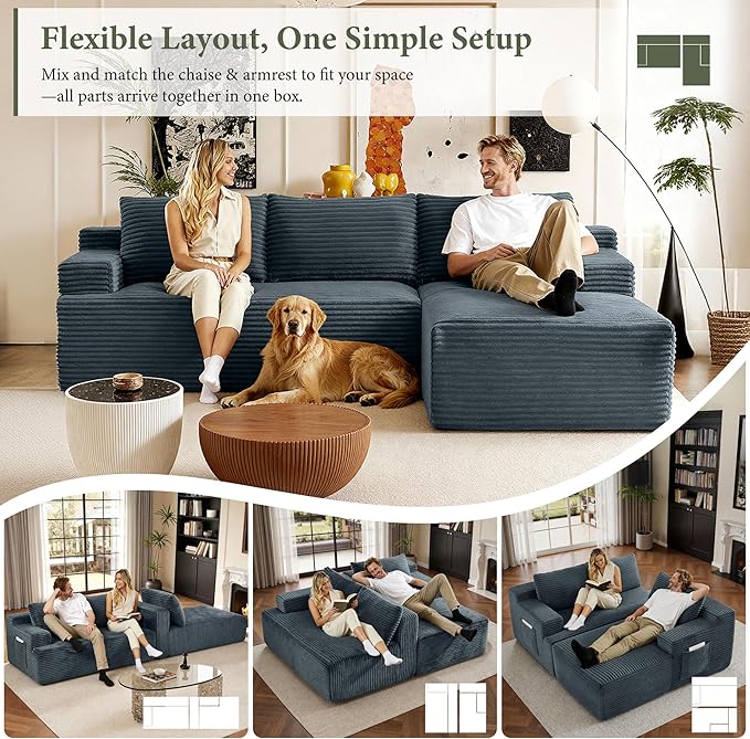 96" Sectional Couches for Living Room Cloud Couch Sofa with L-Shape Upholstered Boneless Couchs Modern Modular Sectional Couch with Chaise (Dark Grey, 96" W+Right Facing Chaise+2Seaters)