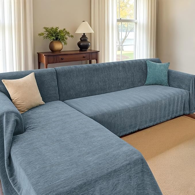 Sectional Couch Covers 2 Pieces, Chenille L Shaped Couch Cover Blanket for Sectional Sofa with Herringbone Pattern Washable Sofa Slipcovers (X-Large: 71" x 110" + 71" x 118", Blue)