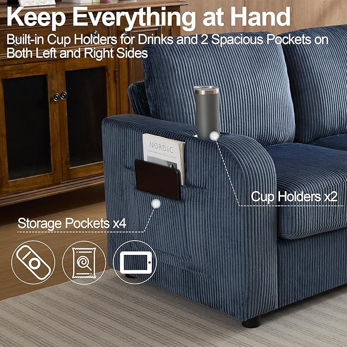 87.4" Oversize 3 Seater Couch,Modern Upholstered Sofa for Living Room, Deep Seat Comfy Loveseat Couch with Cup Holders,Corduroy Love Seat Sofa (Blue)