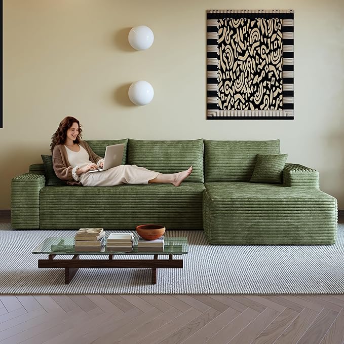 108" Sectional Couches for Living Room Cloud Couch Sofa with L-Shape Upholstered Boneless Couchs Modern Modular Sectional Couch with Chaise (Green, 108" Right Facing Chaise+2Seaters)