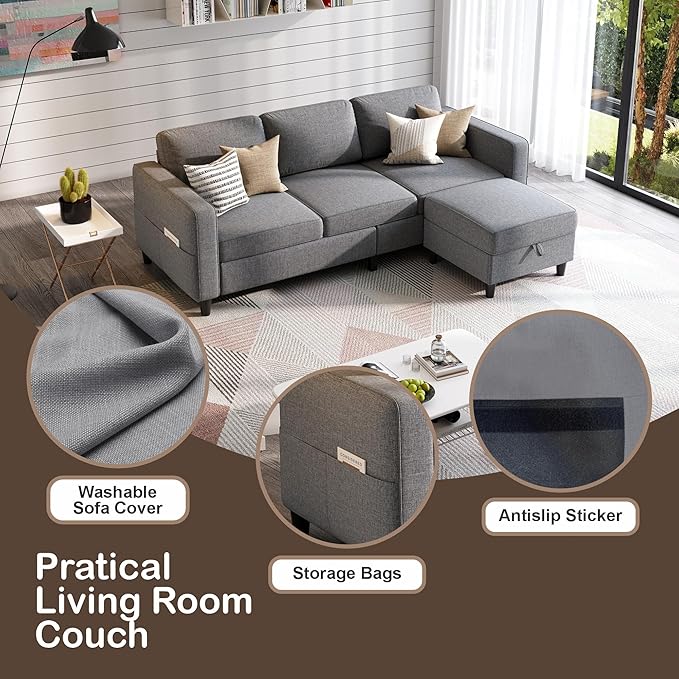 Sectional Sofas Couches for Living Room 78" L-Shaped Couch - Modern Linen Grey Sofa with Storage Ottoman for Apartments, Studios & Home Offices, Small Space