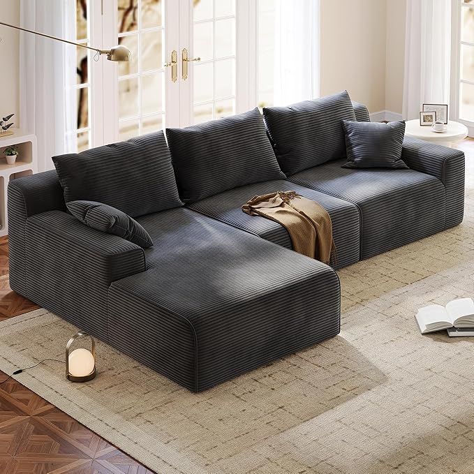 97" L-Shaped Boneless Modular Cloud Couch, Comfy Corduroy Sectional Sofa with Deep Seat and Left Facing Chaise, Flexible Module Combination for Living Room, No Assembly Required (Grey)