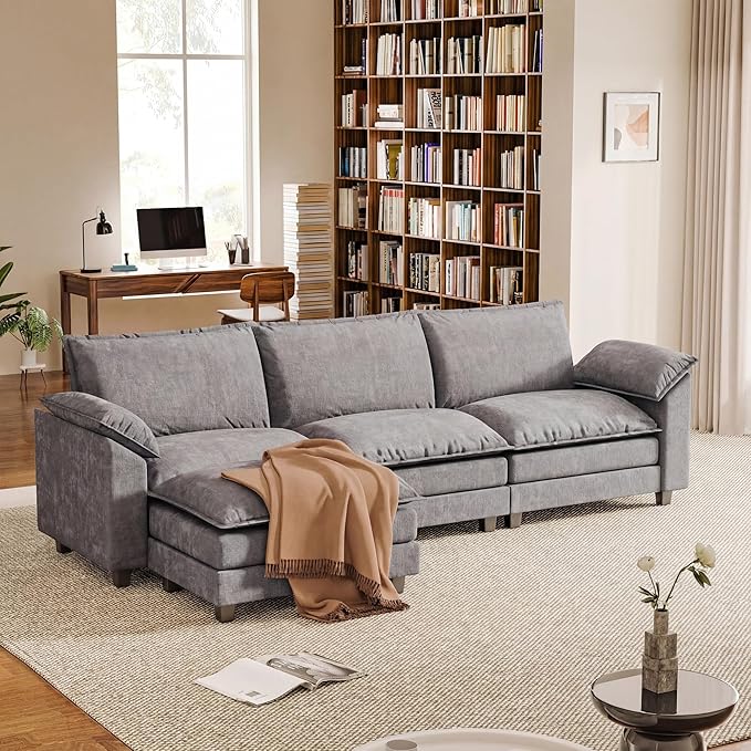 118.9'' L Shaped Sectional Couch, Modular Cloud Sofa with Deep Seat & Double Layer Cushion, Modern Chenille Sofa Couches with Movable Ottoman for Living Room & Appartment (Light Grey, L Shaped Sofa)