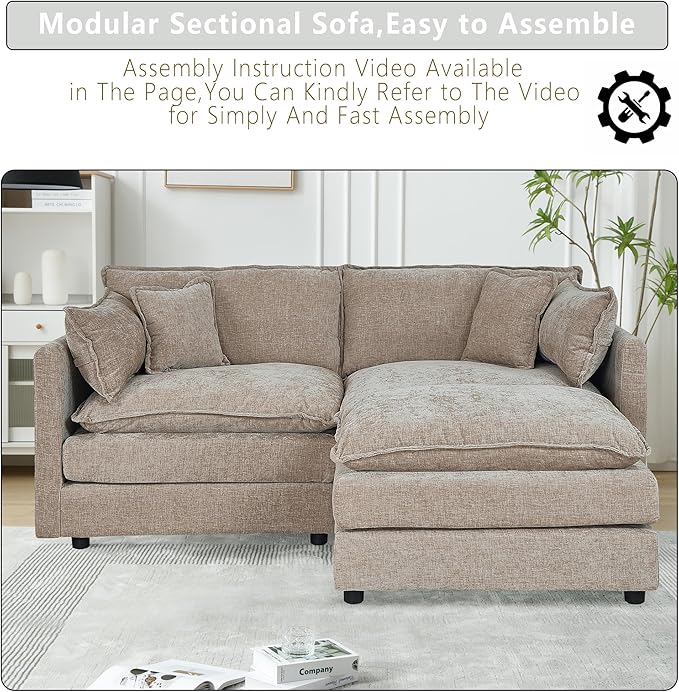 Setawix Deep Loveseat Couch with Ottoman,Large L-Shaped 2 Seater Cloud Couches for Living Room,77.16" Chenille Cloud Sofas with Deep Seat,Modular Sectional 2 Seat Sofa for Bedroom (Coffee, 2+1)