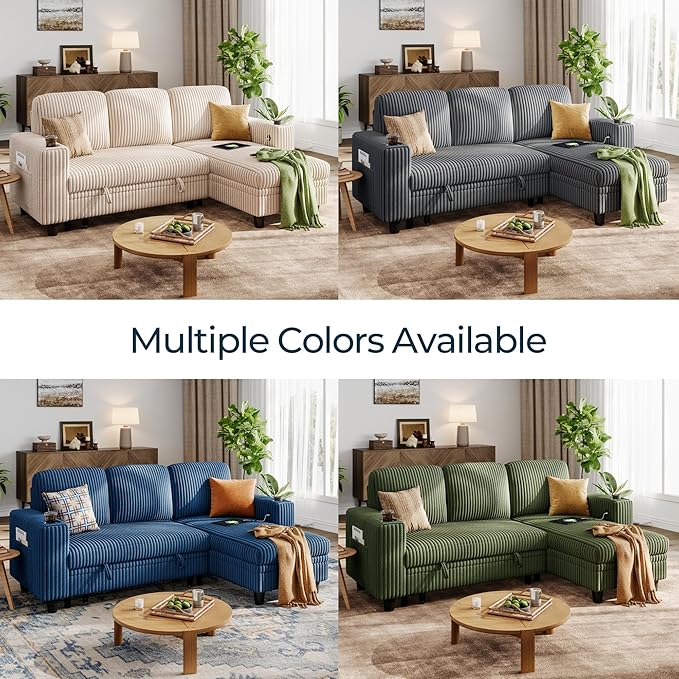 LINSY HOME Pull Out Sleeper Sofa Sectional Couches for Living Room, L Shaped Plush Corduroy Couch with Storage&USB Charging, Convertible Cloud Sectional Sofa Bed for Apartment, Green