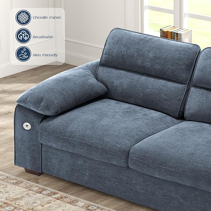 WorthFurni Sofas for Living Room, Chenille Pillow-Armrest Loveseat Couch Set, Small Sofa, 3 Seater Sofa, USB Charging, Removable Sofa Cover, Solid Wood Frame, Easy to Install (71.5 inch, Blue)
