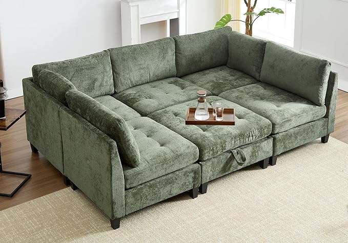 Luxe Oversized Modular Sectional Sofa, Modern Chenille Convertible Sleeper Sofa with Storage Ottoman, Comfy Deep Seat U-Shaped Cloud Couch for Living Room（Green，5-Seater + 1*Ottoman+ Tea Tray）