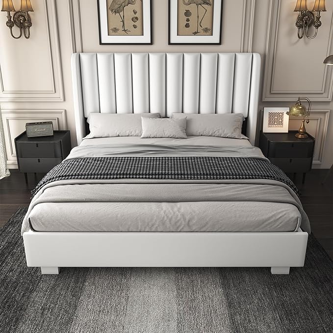 King Size Upholstered Lift Up Storage Bed Frame with 51.2" Tall Headboard, Velvet Wingback Tufted Design, Wood Slats Support, No Box Spring Required, Noise-Free Double Low Bed Frame (King,White)