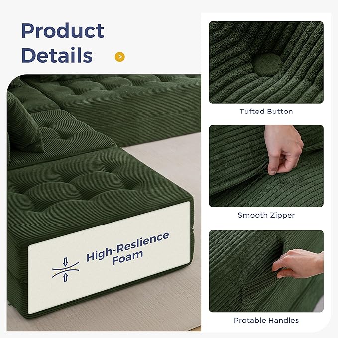 MAXYOYO Modular Sectional Sofa Couch, Foldable U Shaped Cloud Couch with Pillows, Tufted 6-Seat Boneless Sleeper Lounger Floor Sofa Bed for Living Room, No Assembly Required, Dark Green