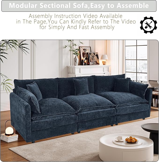 Setawix Chenille Cloud Couches for Living Room,3 Seater Cloud Sofa Couch with Deep Seat,112.2" Roomy Cloud Sofas,Modular Sectional 3 Seat Sofa with Pillows for Bedroom (Blue, 3 Seater)