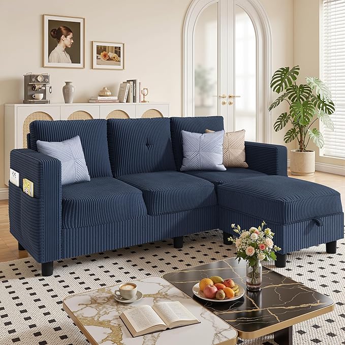 JAMFLY Convertible L-Shaped Sectional Sofa with Reversible Storage Ottoman, 3-Seat Couch with Side Pockets, Modern Compact Furniture for Small Apartments, Studios & Lofts, Blue