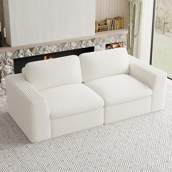 Boneless Loveseat Sofa Plush Corduroy Sectional Couch with Deep Seat Modular Cloud Sectional Couches for Living Room.Biege Sofa.
