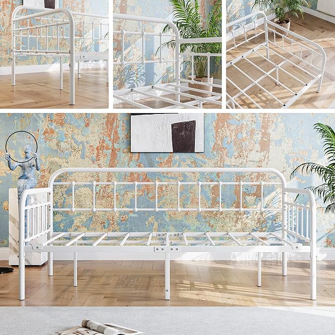 JURMERRY Metal Daybed Frame Twin Size with Steel Slats Platform Furniture, White…