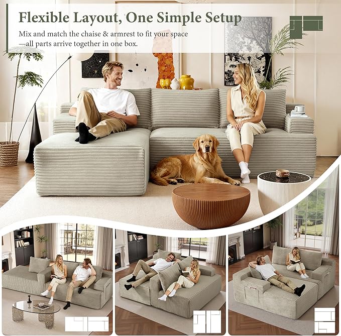 96" Sectional Couches for Living Room Cloud Couch Sofa with L-Shape Upholstered Boneless Couchs Modern Modular Sectional Couch with Chaise (Camel, 96" W+Left Facing Chaise+2Seaters)